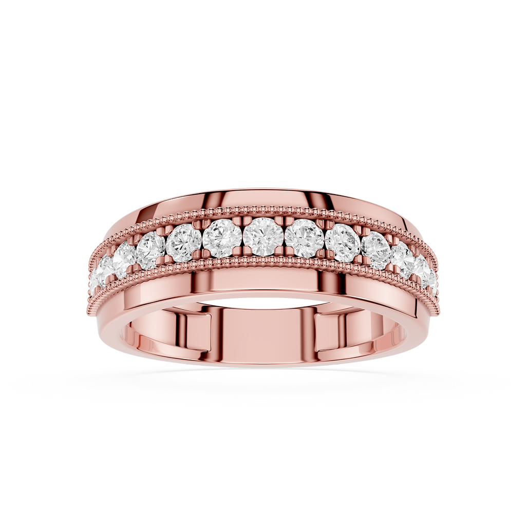 Rose gold ring with diamond accents on a white background