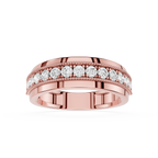 Rose gold ring with diamond accents on a white background
