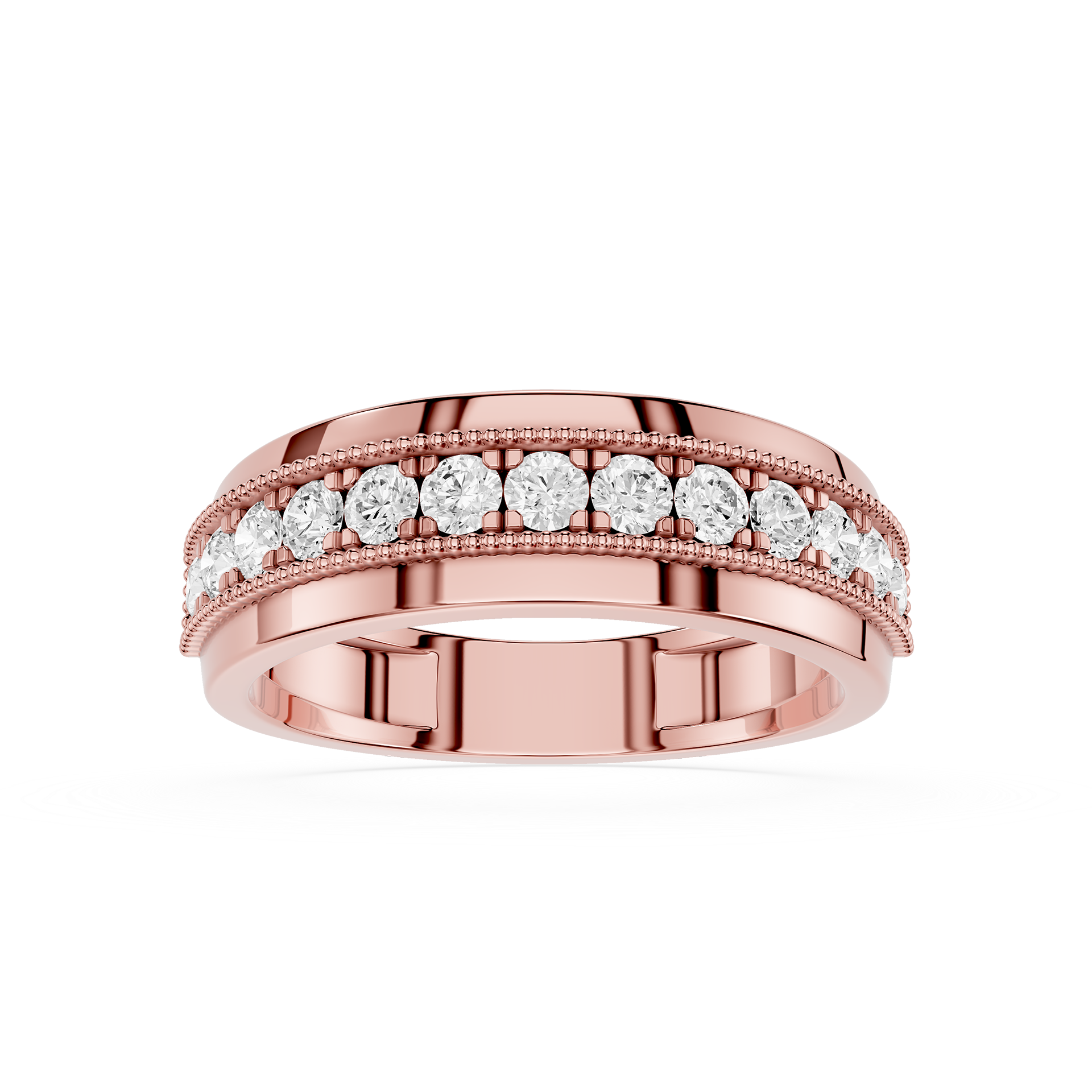 Rose gold ring with diamond accents on a white background