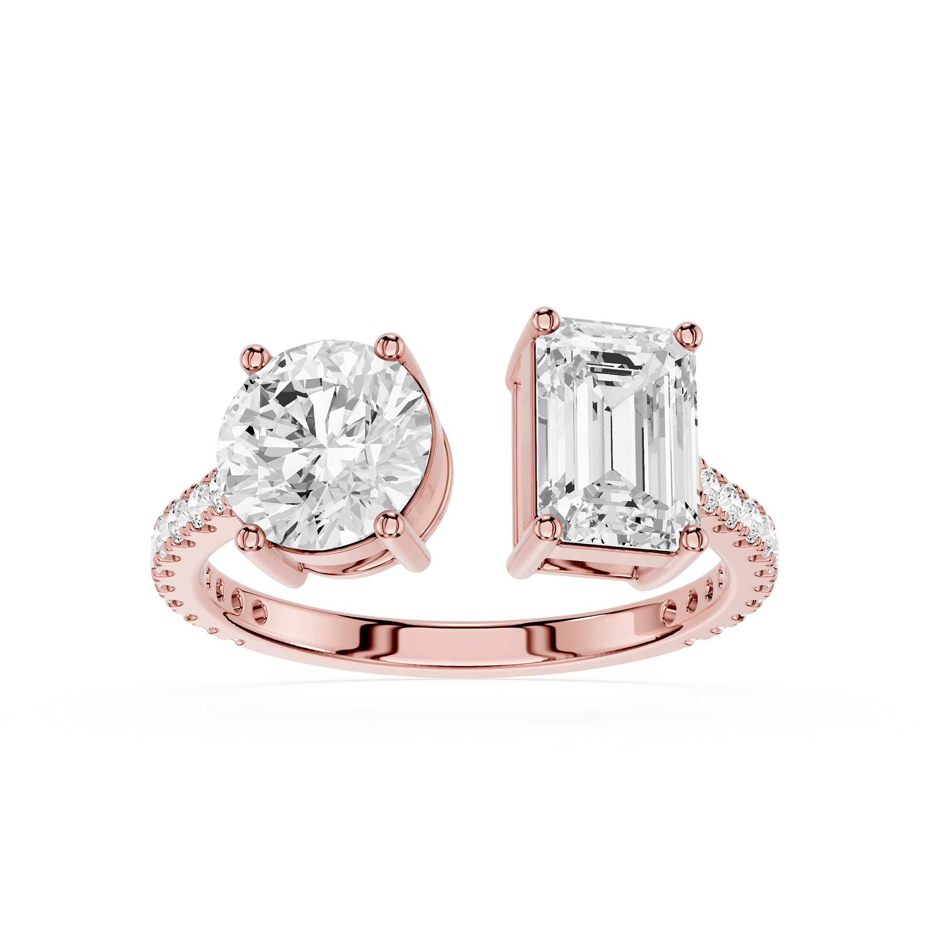 A rose gold split-shank engagement ring featuring a round brilliant-cut diamond on one side and an emerald-cut diamond on the other, set against a clean white background.