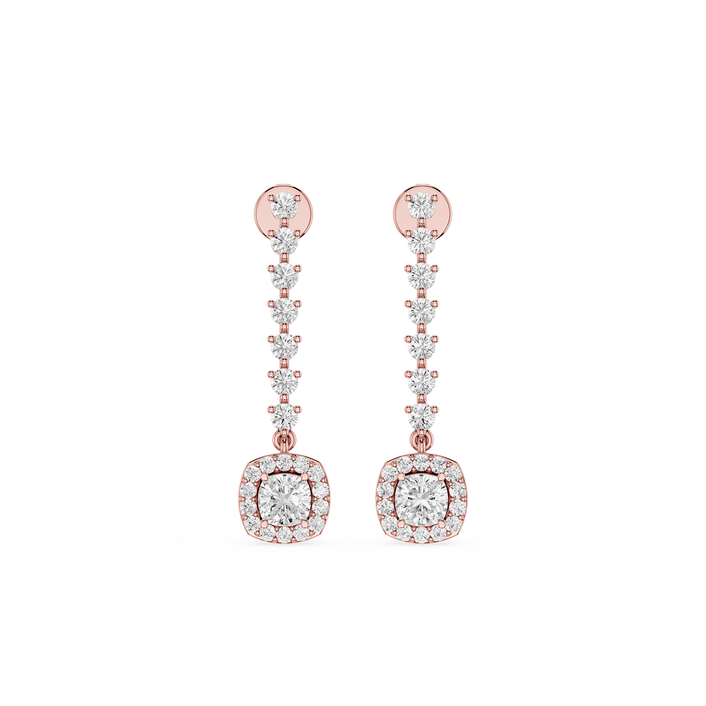 Rose gold and diamond earrings on a white background