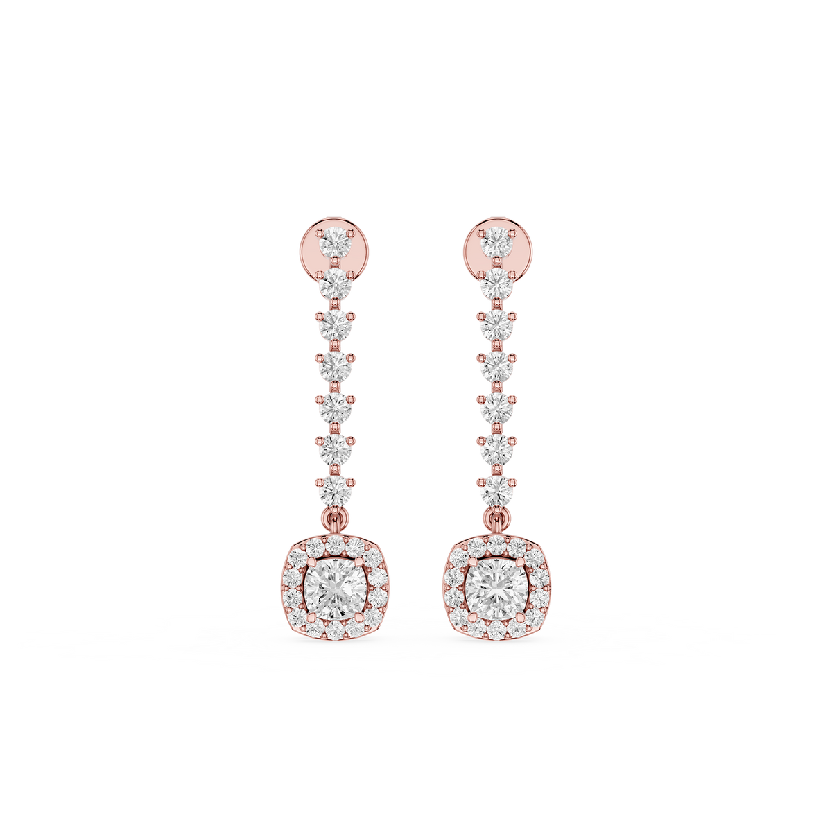 Rose gold and diamond earrings on a white background