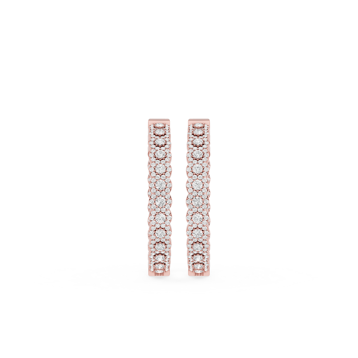 Round Cut Lab Diamond Hoop Earrings in Rose Gold showcasing halo-set diamonds across the front, polished finish, hinged backing, eye-catching everyday style