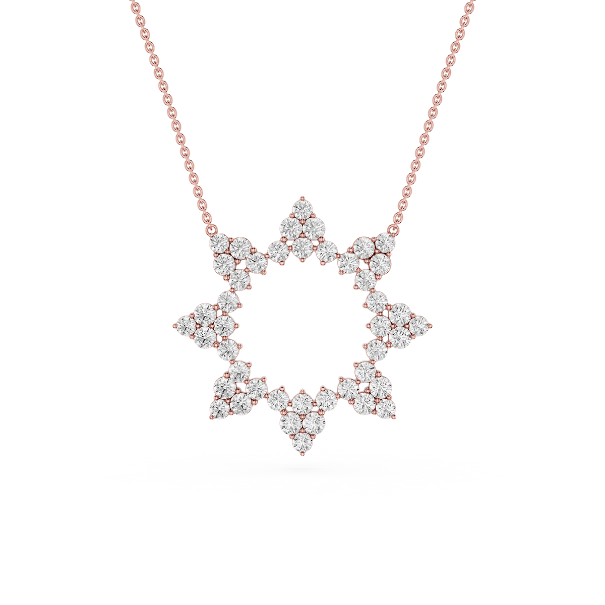 Rose gold necklace with a diamond pendant on a white background