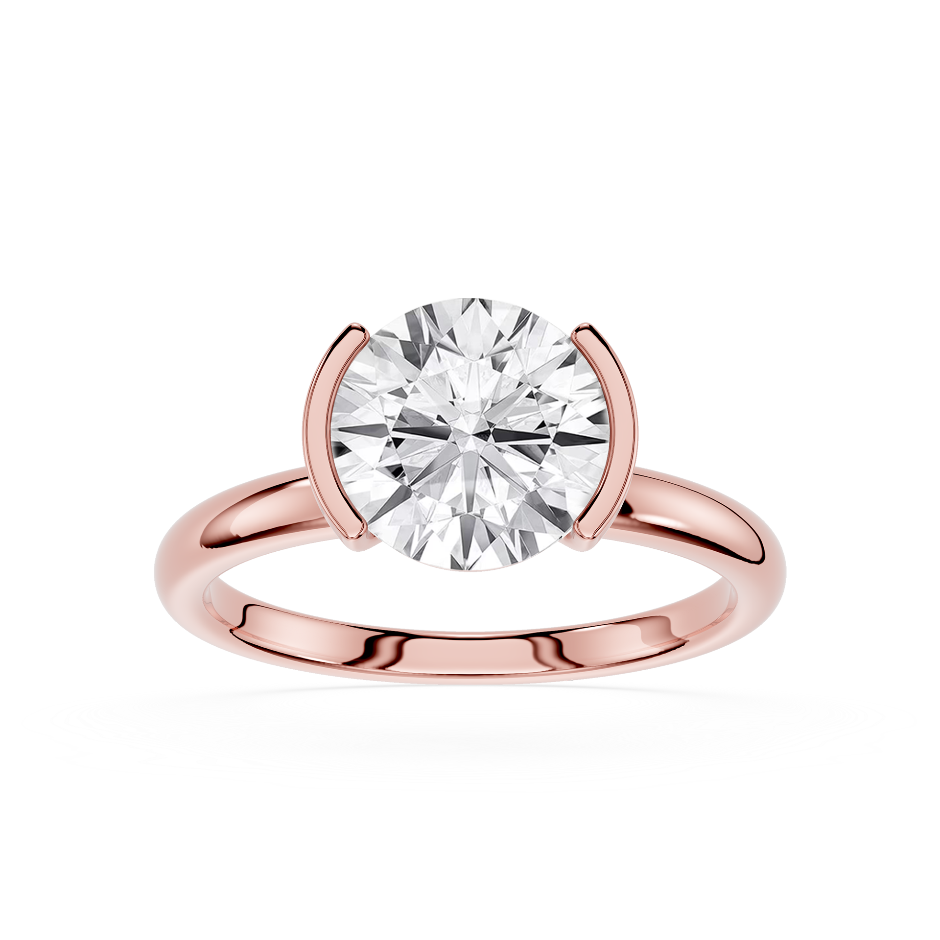Rose gold ring with a large diamond on a white background