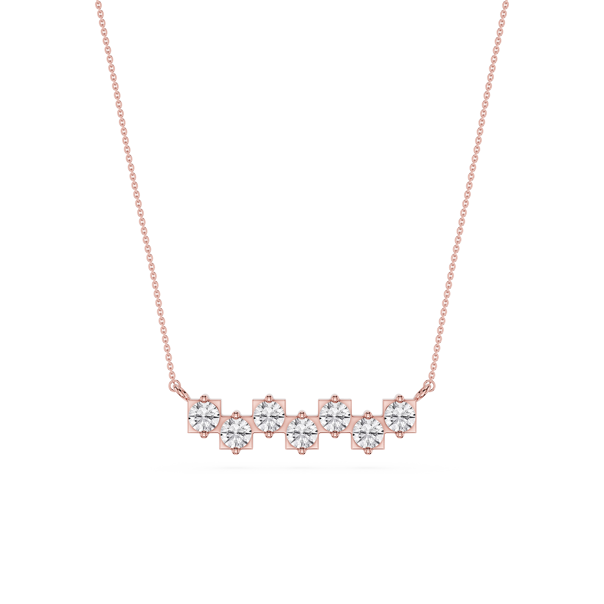 Rose gold necklace with diamond accents on a white background