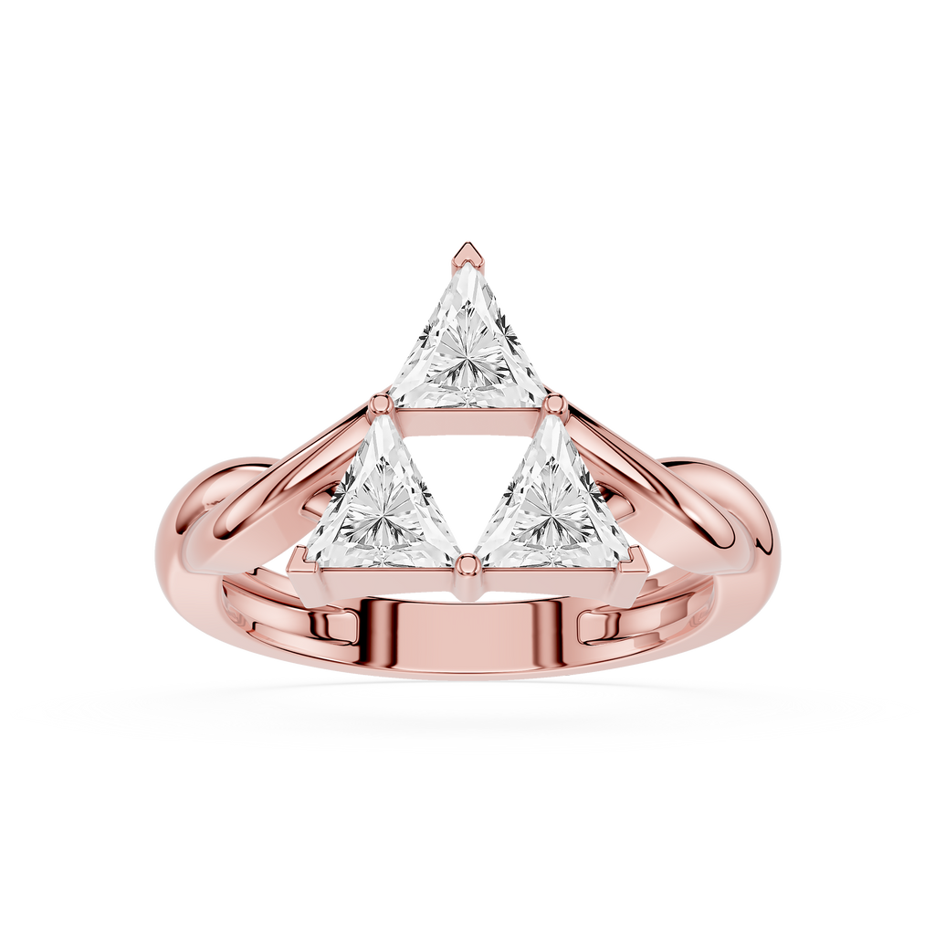 Rose gold ring with triangular diamond design on a white background