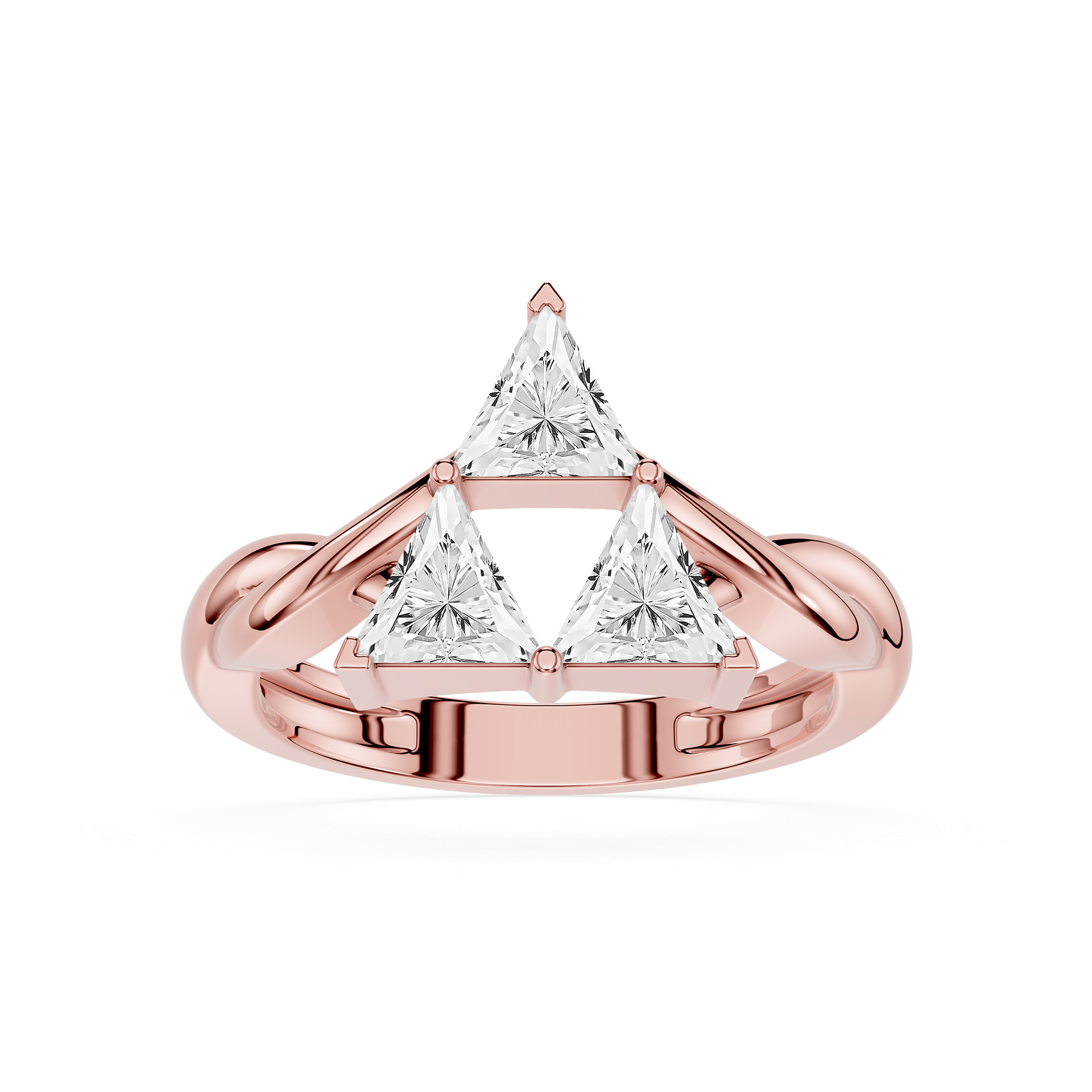 Rose gold ring with triangular diamond design on a white background