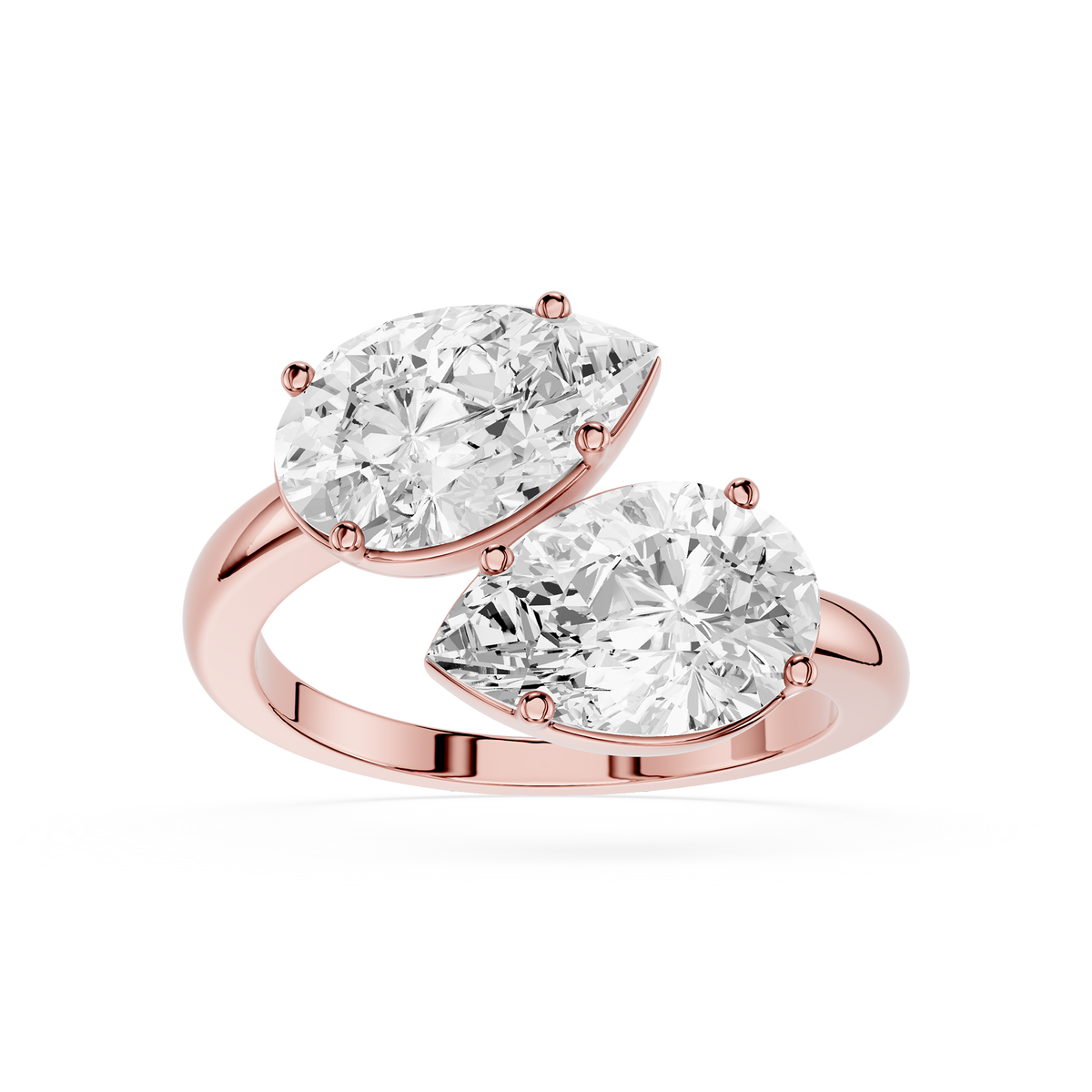 Pear Cut Two Stone Diamond Ring in rose gold featuring mirrored pear shaped lab grown diamonds.
