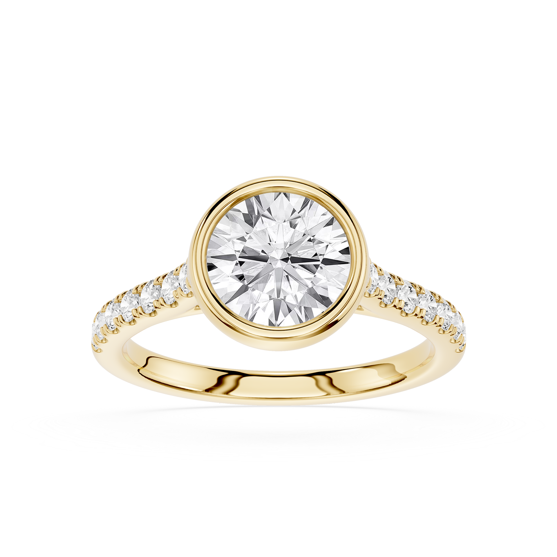 A yellow gold ring featuring a large round brilliant-cut center stone and a pavé-set band with small accent stones, shown on a clean white background.