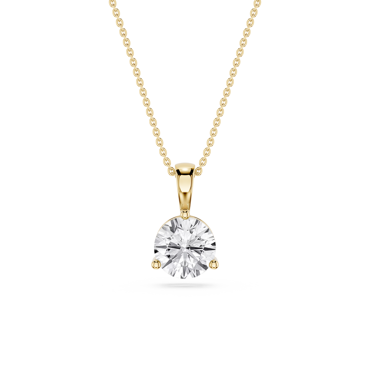 Gold necklace with a round diamond pendant on a white background