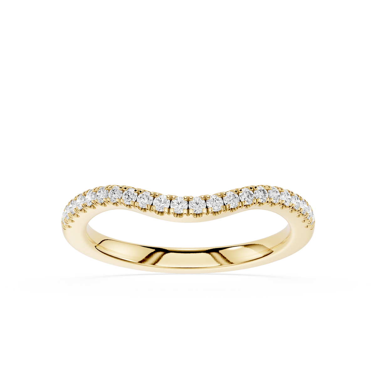Round Diamond Curved Wedding Band in Yellow Gold featuring pave set lab grown diamonds across a soft curved silhouette, designed for engagement ring stacking and bridal ring combinations.