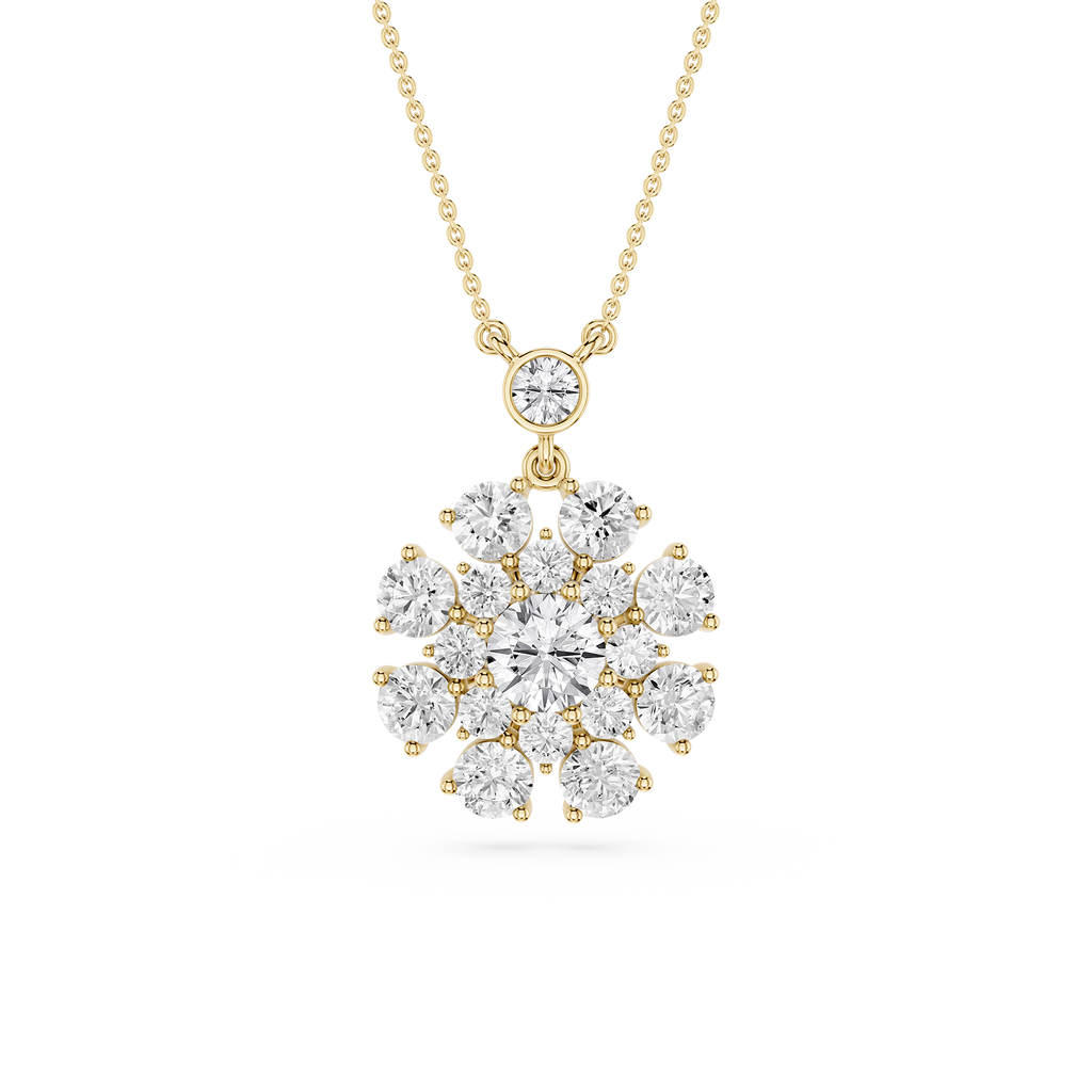 Gold necklace with a diamond pendant on a white background