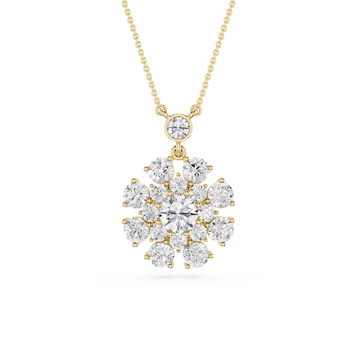 Gold necklace with a diamond pendant on a white background