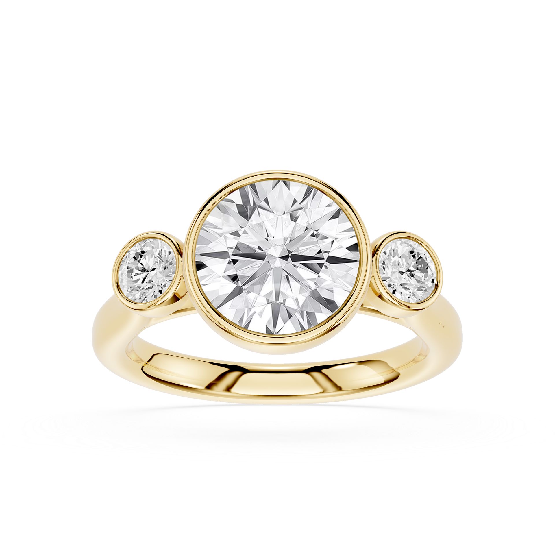 Gold ring with a large central diamond and two smaller diamonds on either side against a white background