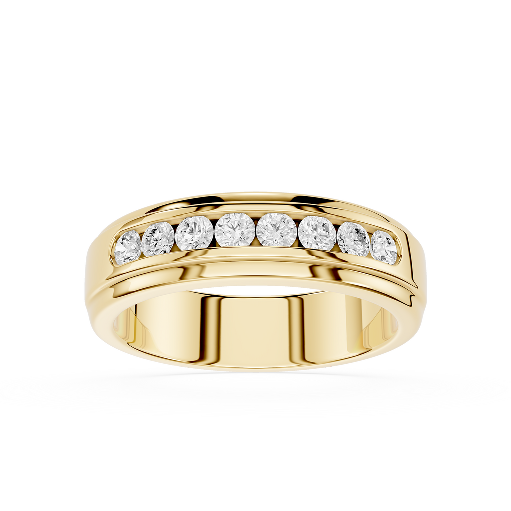 Gold ring with embedded diamonds on a white background