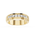 Gold ring with embedded diamonds on a white background