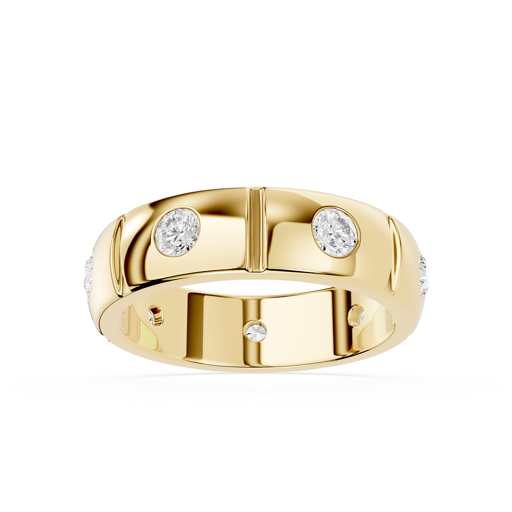 Gold ring with embedded diamonds on a white background
