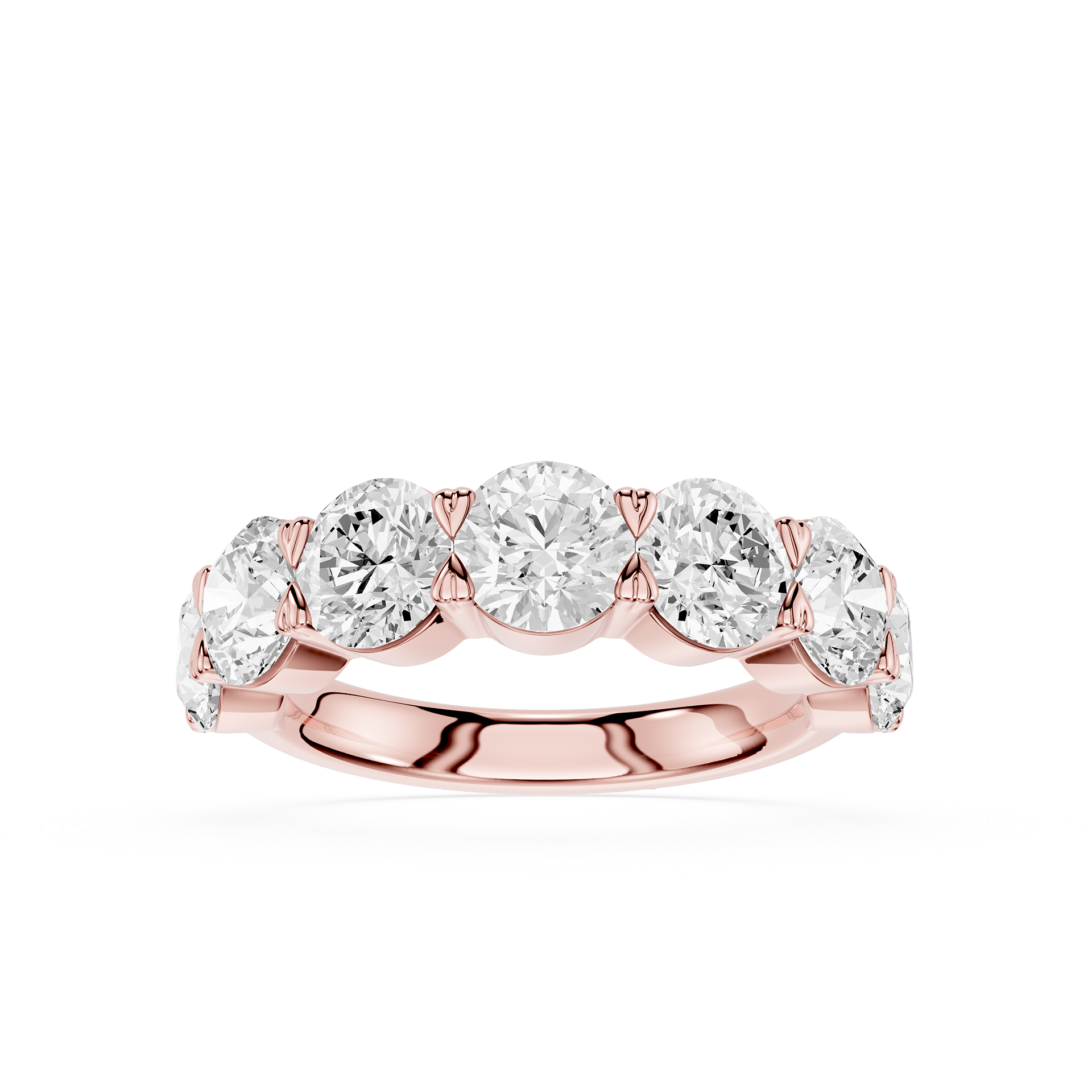 A rose gold five-stone diamond band ring with five round-cut diamonds set in a polished rose gold band, shown on a clean white background.