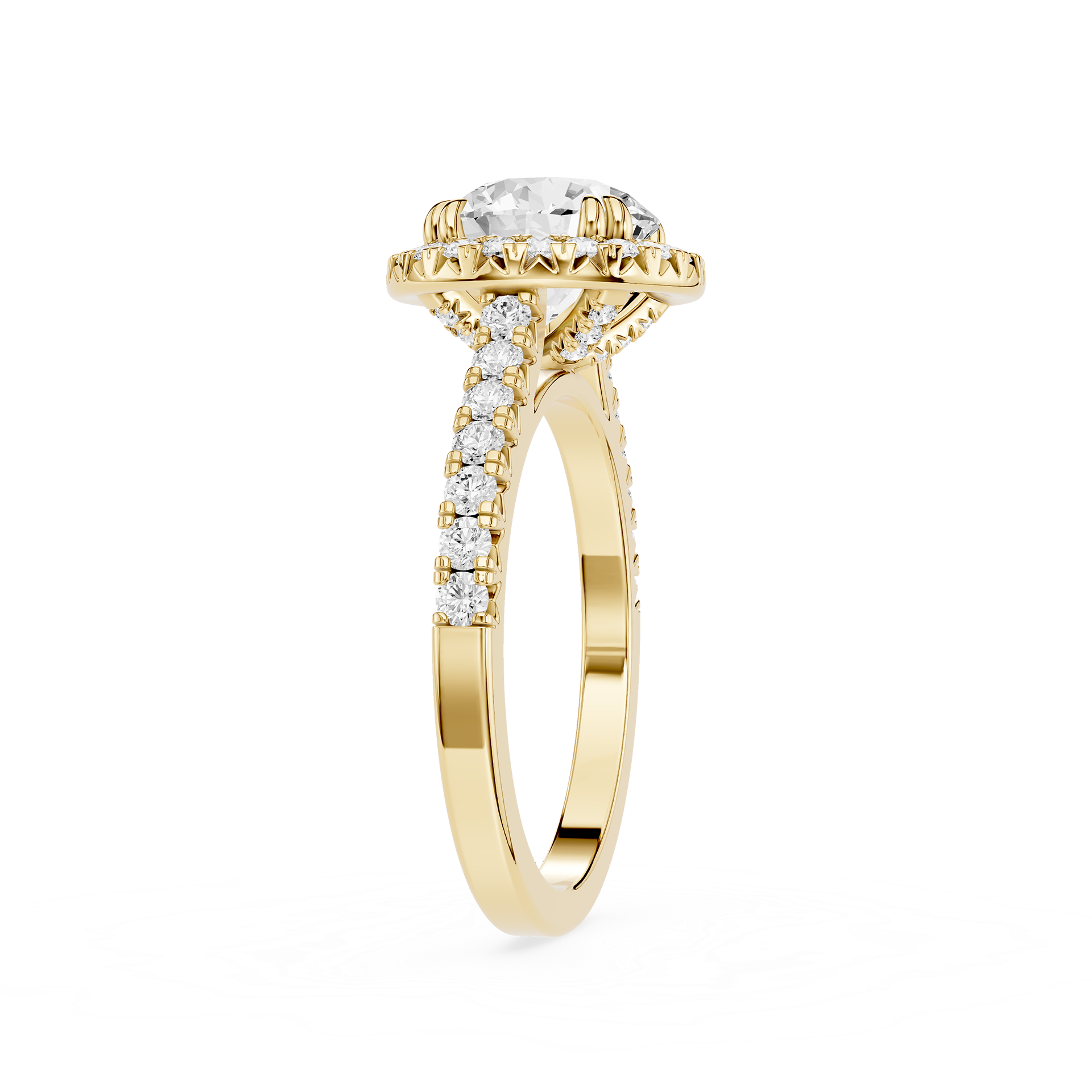 A Yellow gold engagement ring featuring a round-cut diamond center stone in a halo setting, with pave diamonds along the shank, shown on a plain white background.