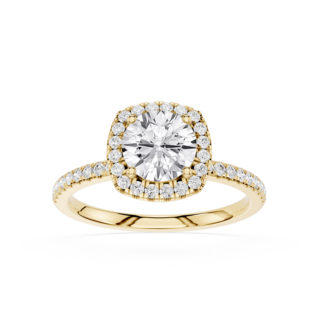 Gold ring with a large diamond and smaller diamonds around on a white background