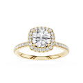 Gold ring with a large diamond and smaller diamonds around on a white background