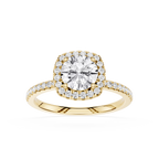 Gold ring with a large diamond and smaller diamonds around on a white background