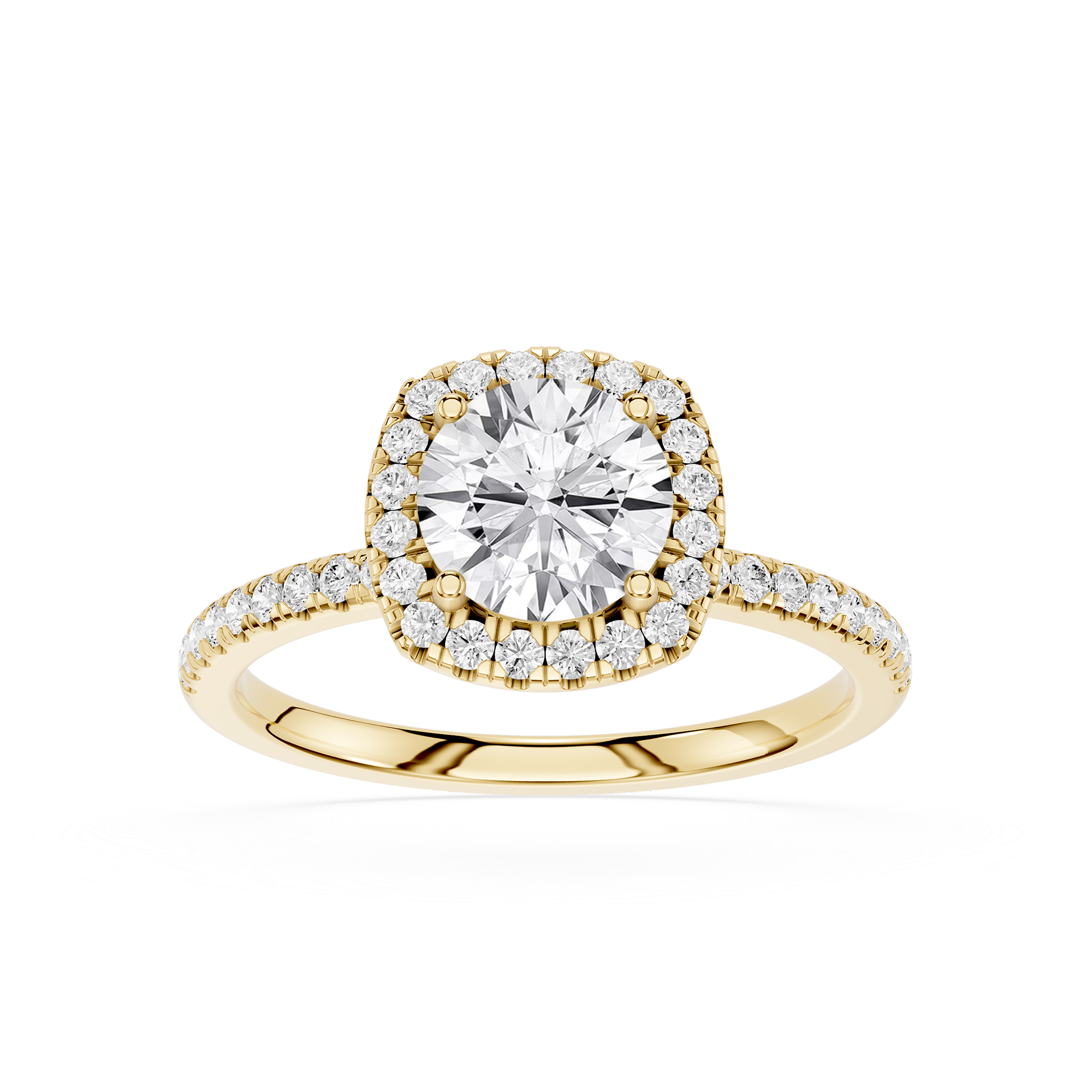 Gold ring with a large diamond and smaller diamonds around on a white background