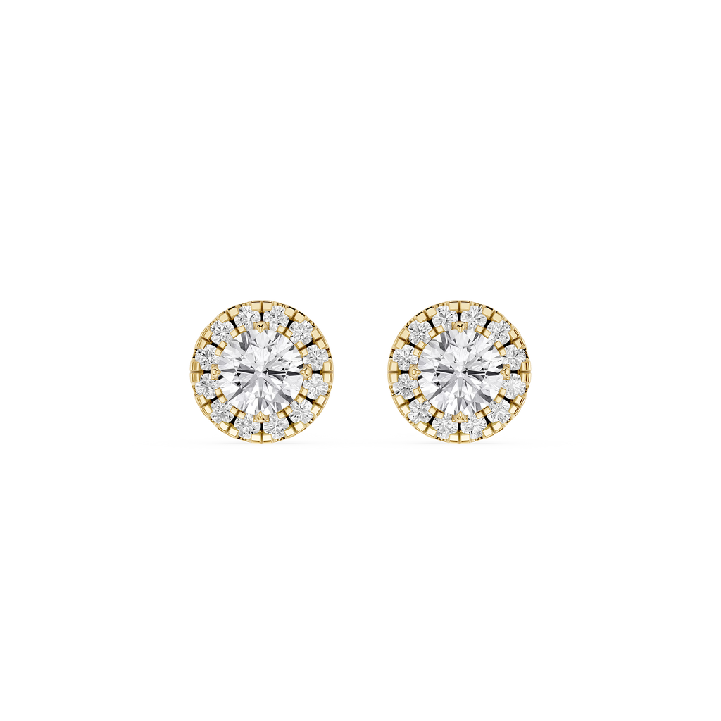 Pair of gold and diamond stud earrings on a white background