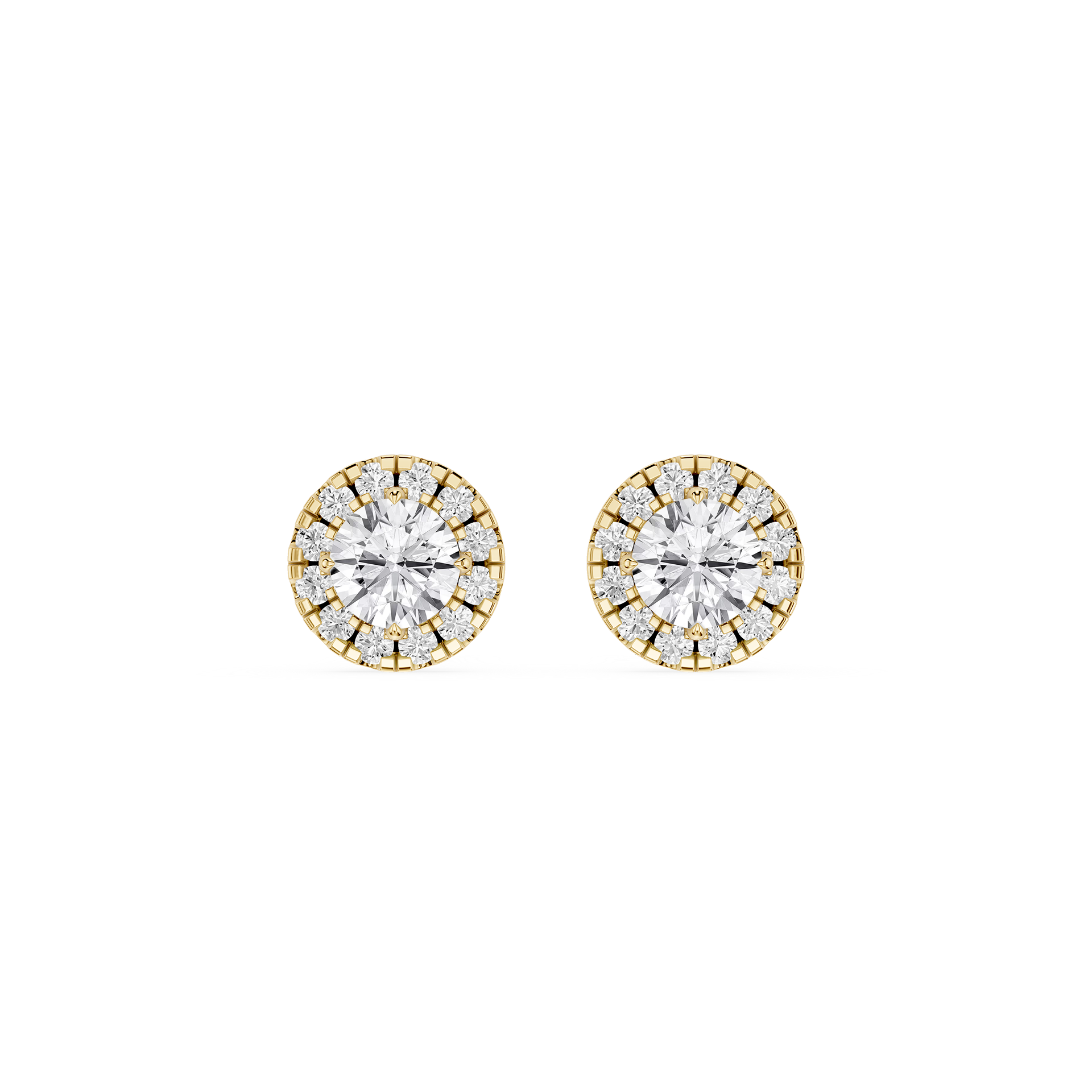 Pair of gold and diamond stud earrings on a white background