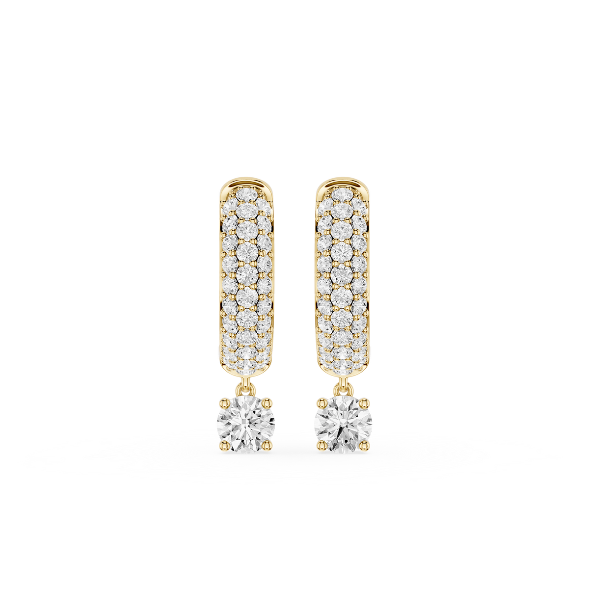 Pair of gold and diamond earrings on a white background