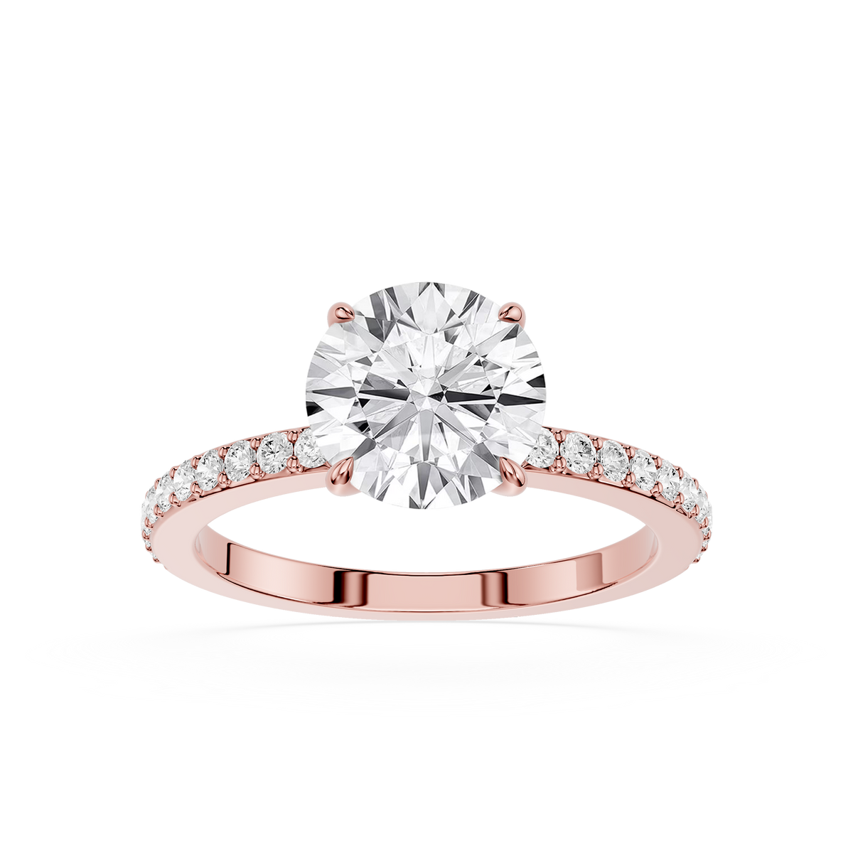 Round brilliant-cut diamond solitaire accent engagement ring for a woman with four sharp prong settings.