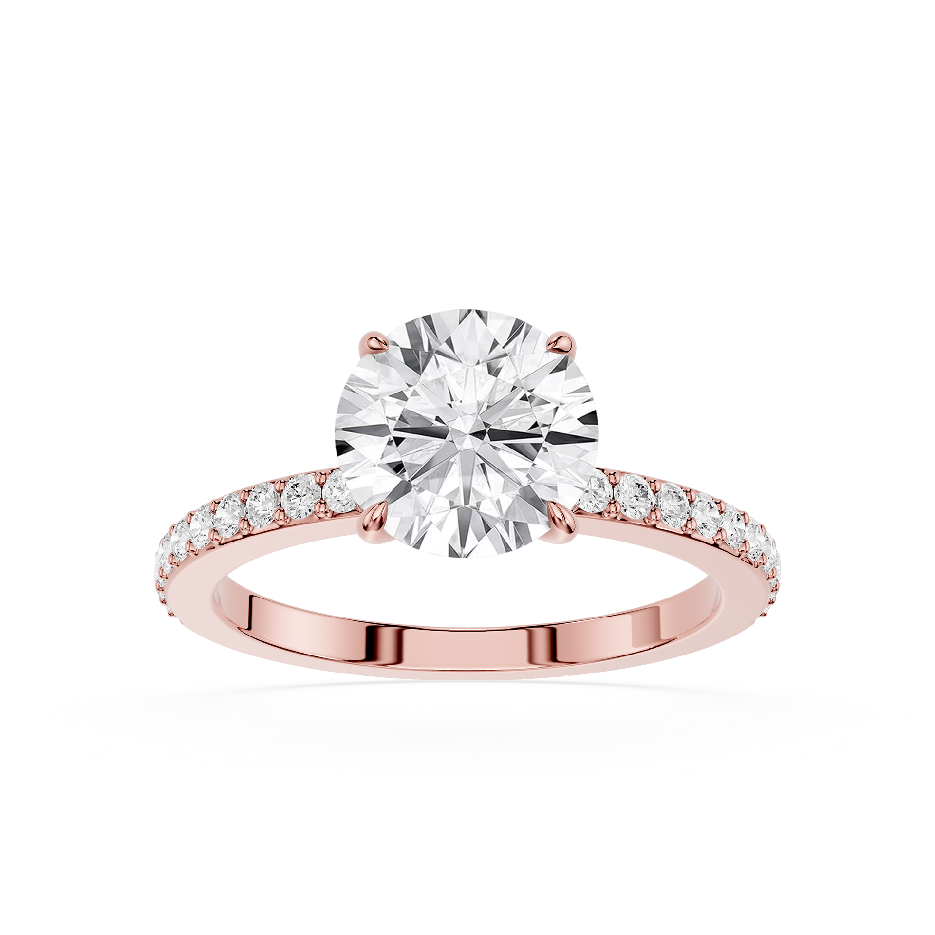 A rose gold engagement ring featuring a round brilliant-cut diamond center stone and a pavé-set diamond band, shown on a clean white background.