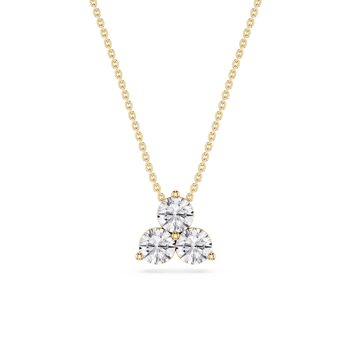 Yellow Gold Lab Grown Diamond Three Stone Pendant Necklace featuring three round-cut diamonds in a triangular cluster design.