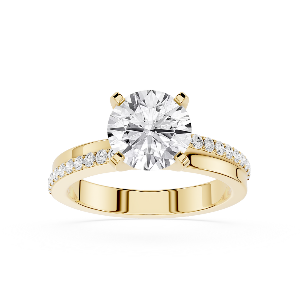 Gold ring with a large diamond and smaller diamonds on the band against a white background