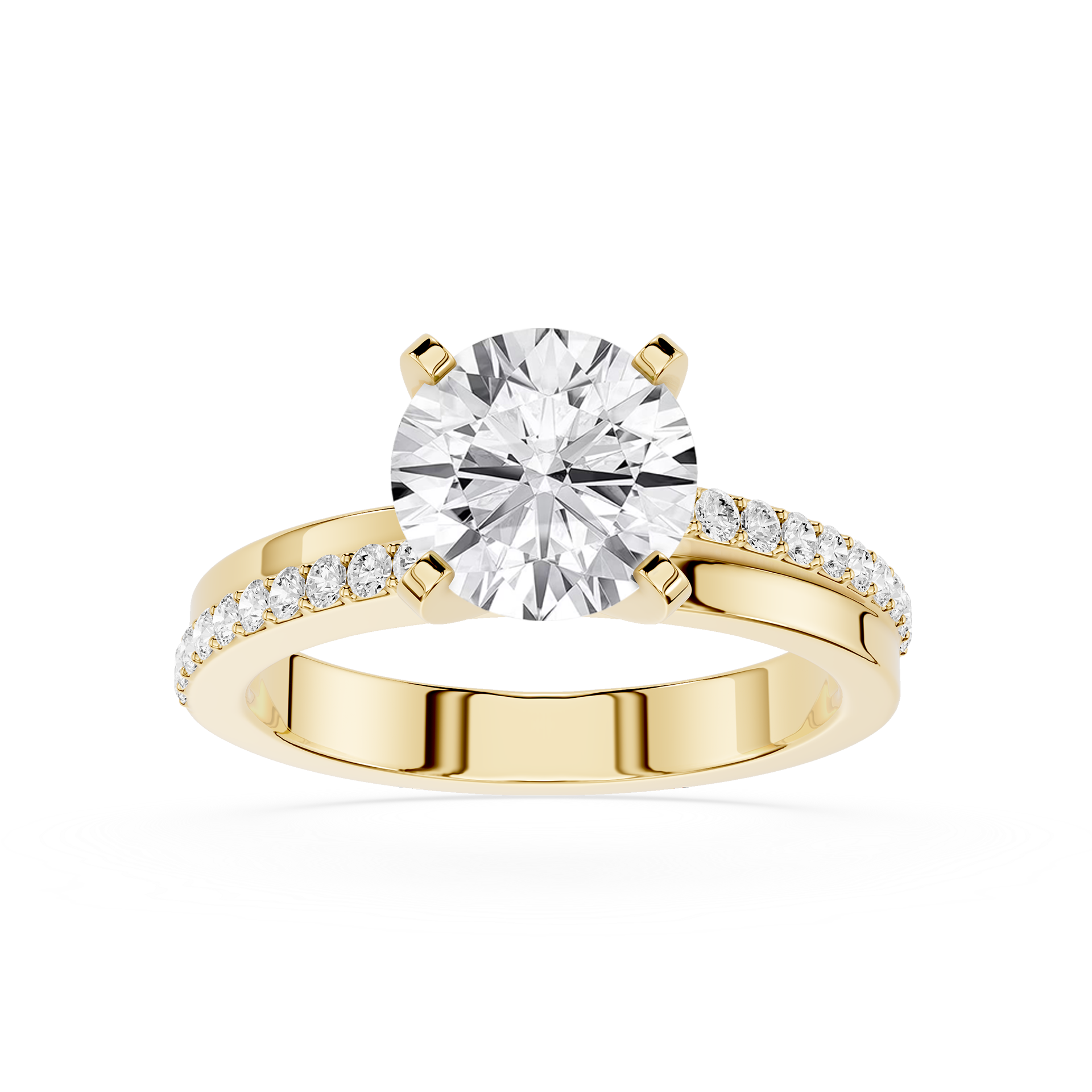 Gold ring with a large diamond and smaller diamonds on the band against a white background