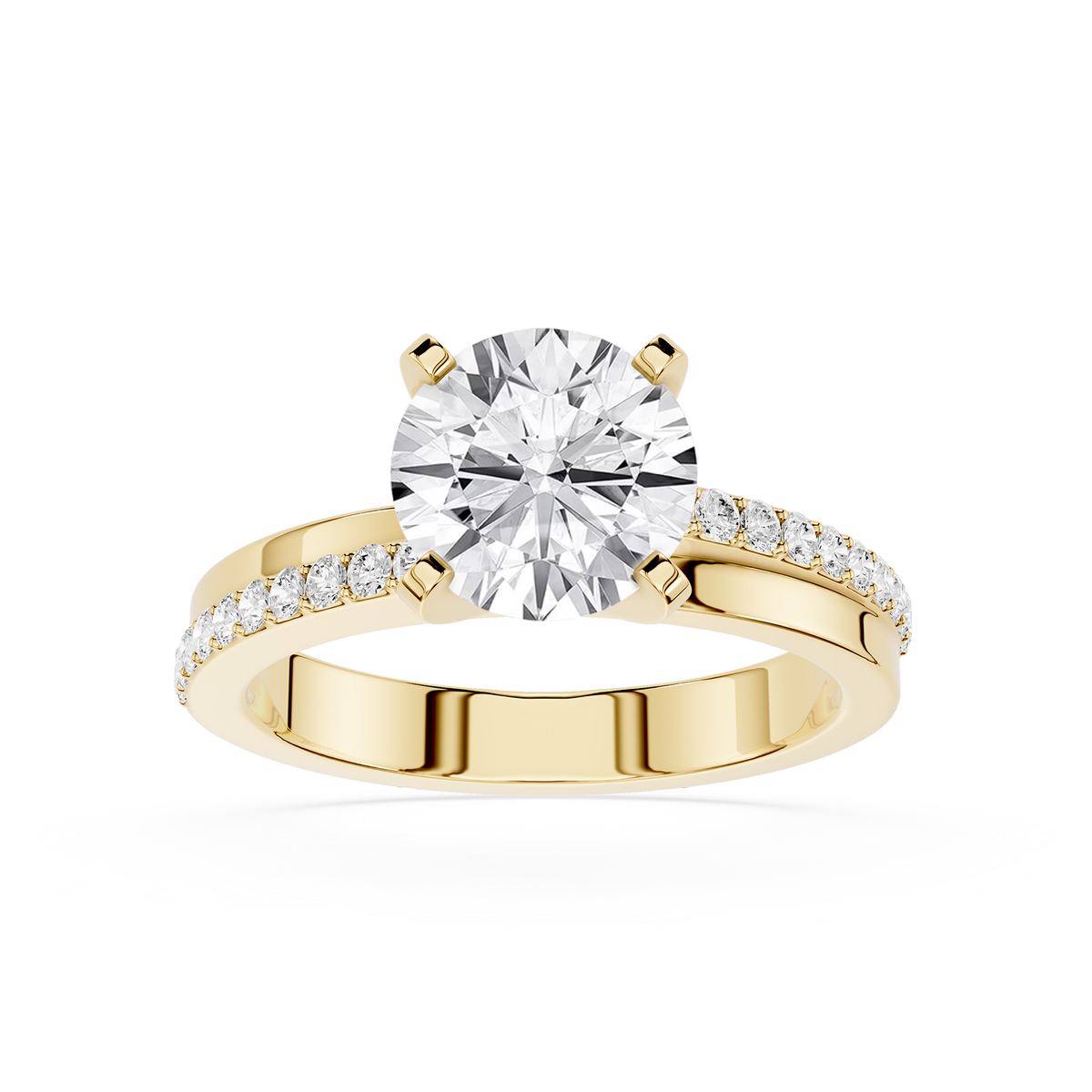 Front View Of Yellow Gold Round Cut Pave Tapered Shank Lab Diamond Engagement Ring