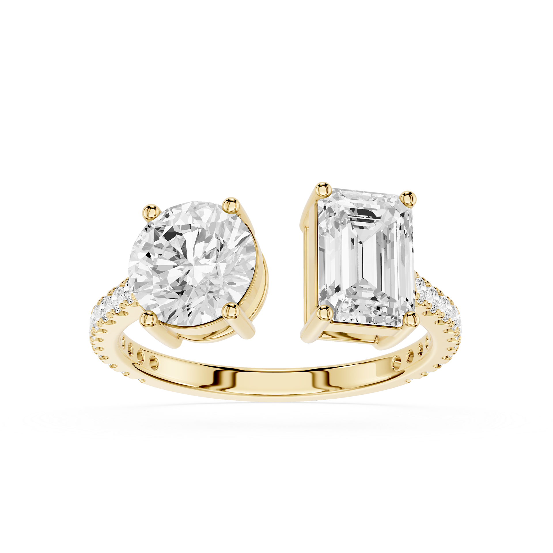 A white gold or platinum split-shank ring featuring a round brilliant-cut diamond on one side and an emerald-cut diamond on the other, set against a plain white background.
