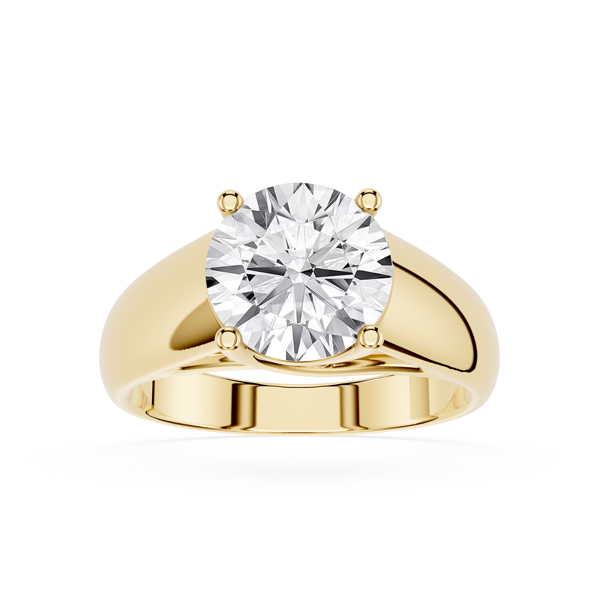 Gold ring with a large diamond on a white background