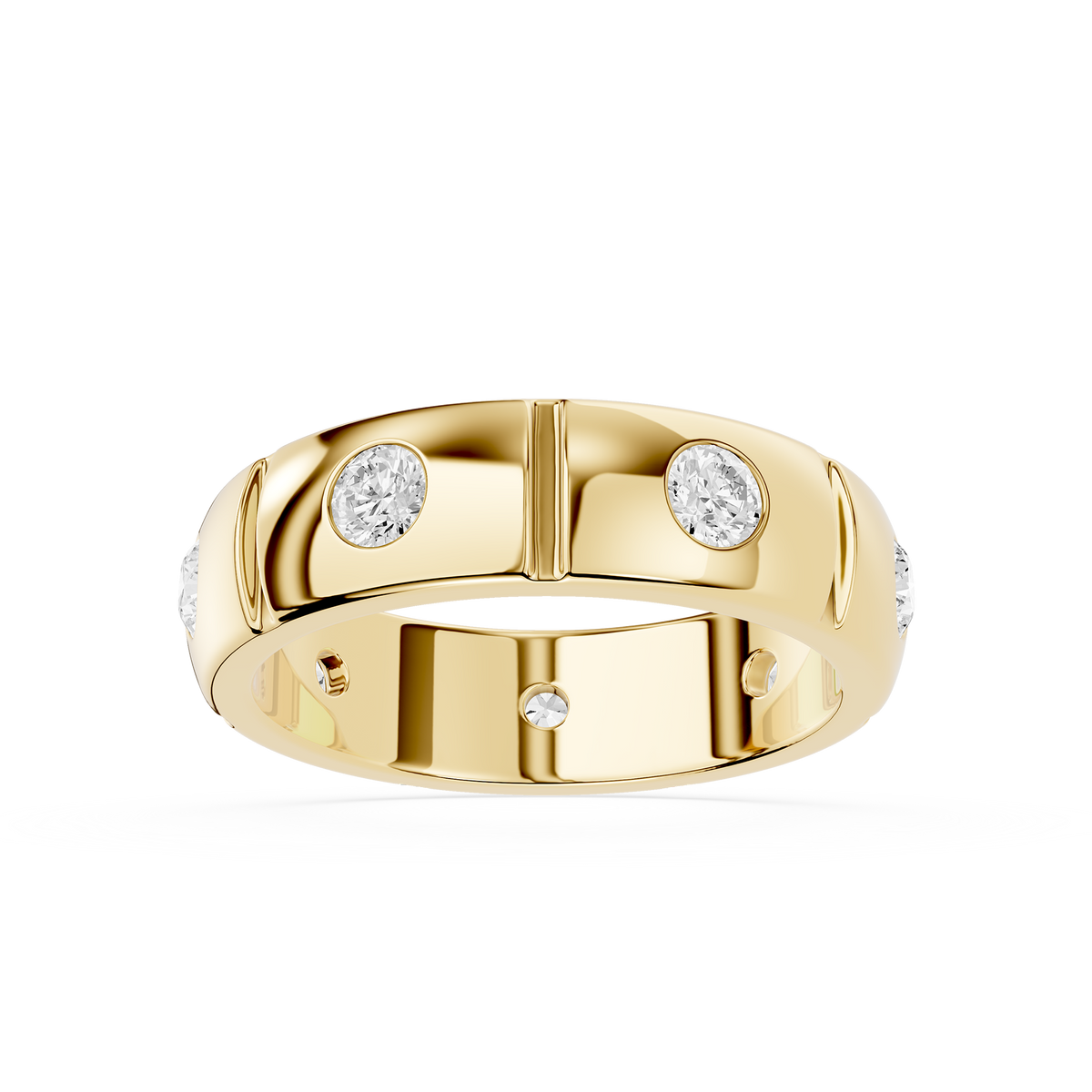 Front View Of Yellow Gold Scattered Round Cut Lab Grown Diamond Flush Set Wedding Band