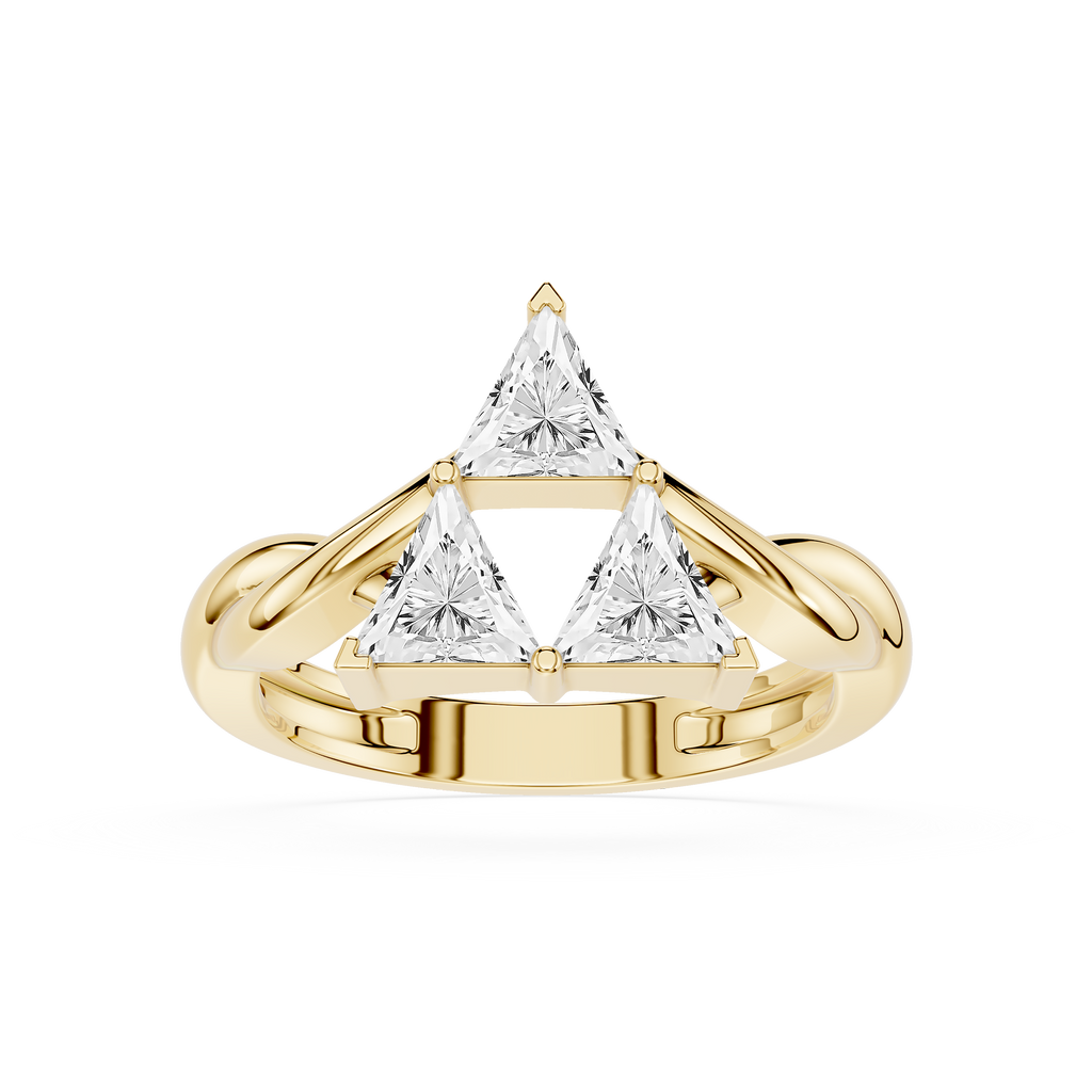 Gold ring with triangular diamond design on a white background