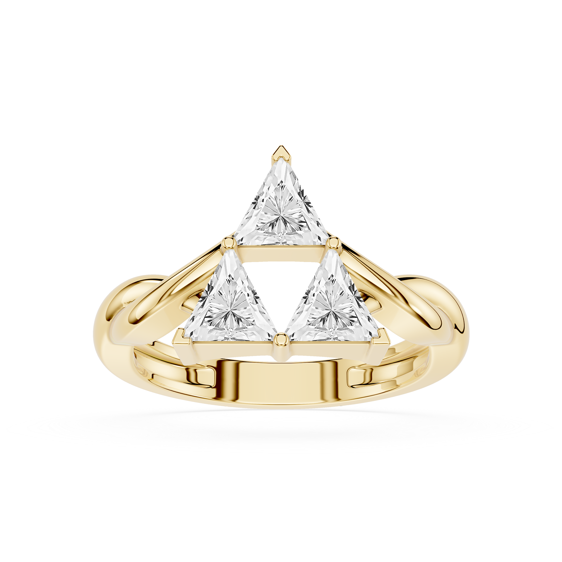 Gold ring with triangular diamond design on a white background