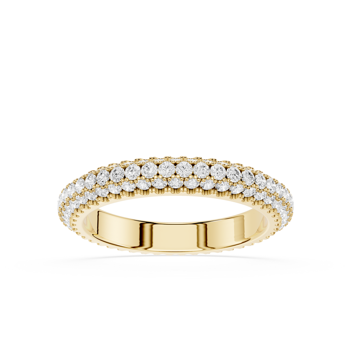 Double Row Round Diamond Wedding Band in Yellow Gold featuring Three rows of lab grown diamonds with milgrain detailing. A striking choice for diamond wedding bands, anniversary rings, and bridal jewelry.