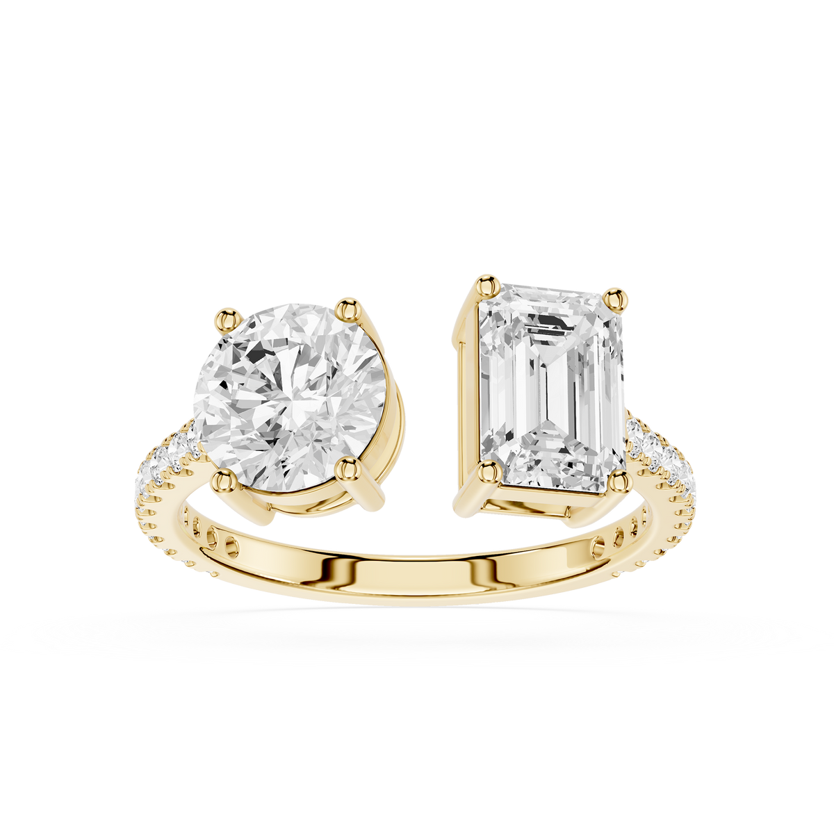 Round & Emerald Cut Lab Grown Diamond Toi Et Moi Ring in Yellow Gold. Open Cuff Engagement Ring, Two Stone Diamond Ring, Diamond Proposal Ring, Bridal Jewelry, Anniversary Gift.