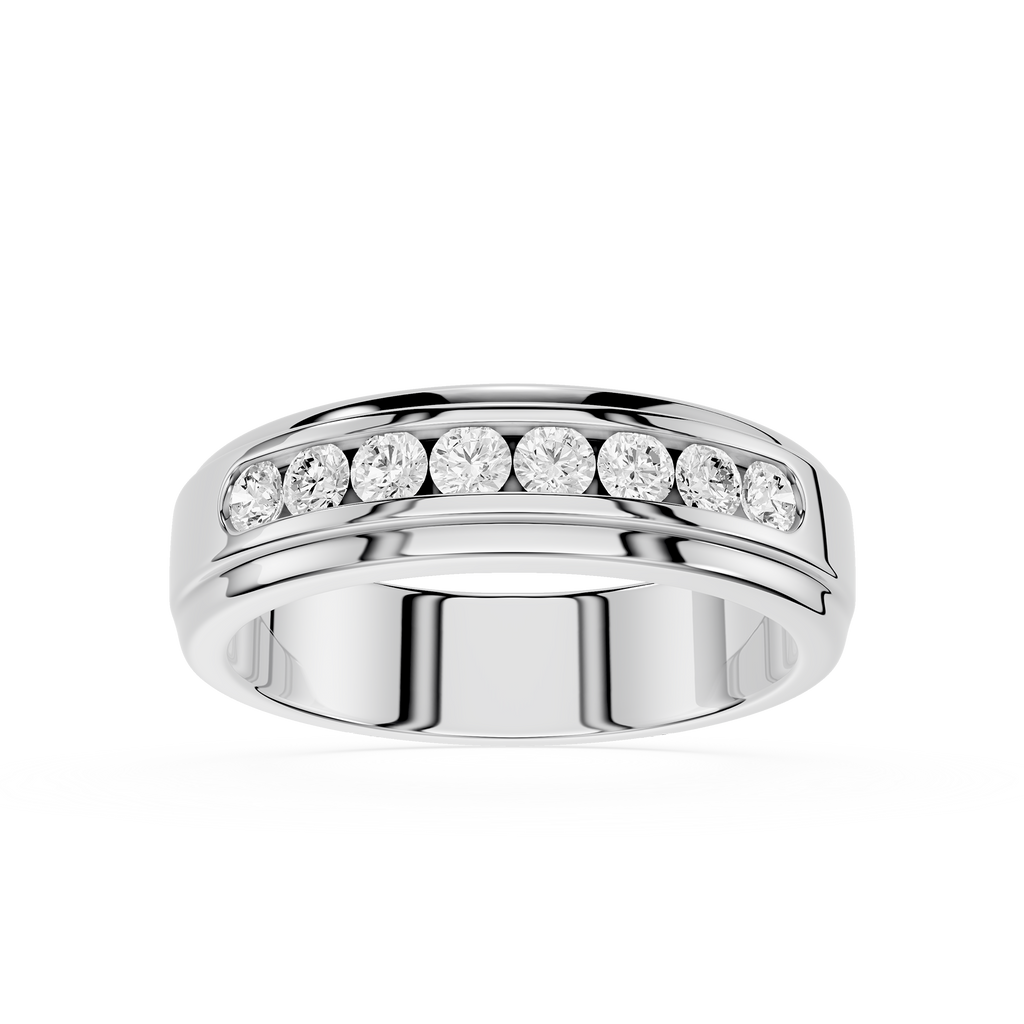 Silver ring with embedded diamonds on a white background