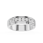 Silver ring with embedded diamonds on a white background