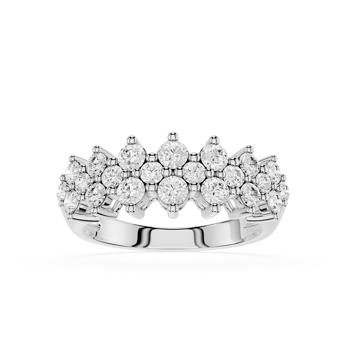 Front view of a white gold round cut lab grown diamond cluster wedding band featuring multiple round brilliant diamonds arranged in a crown-inspired openwork design.