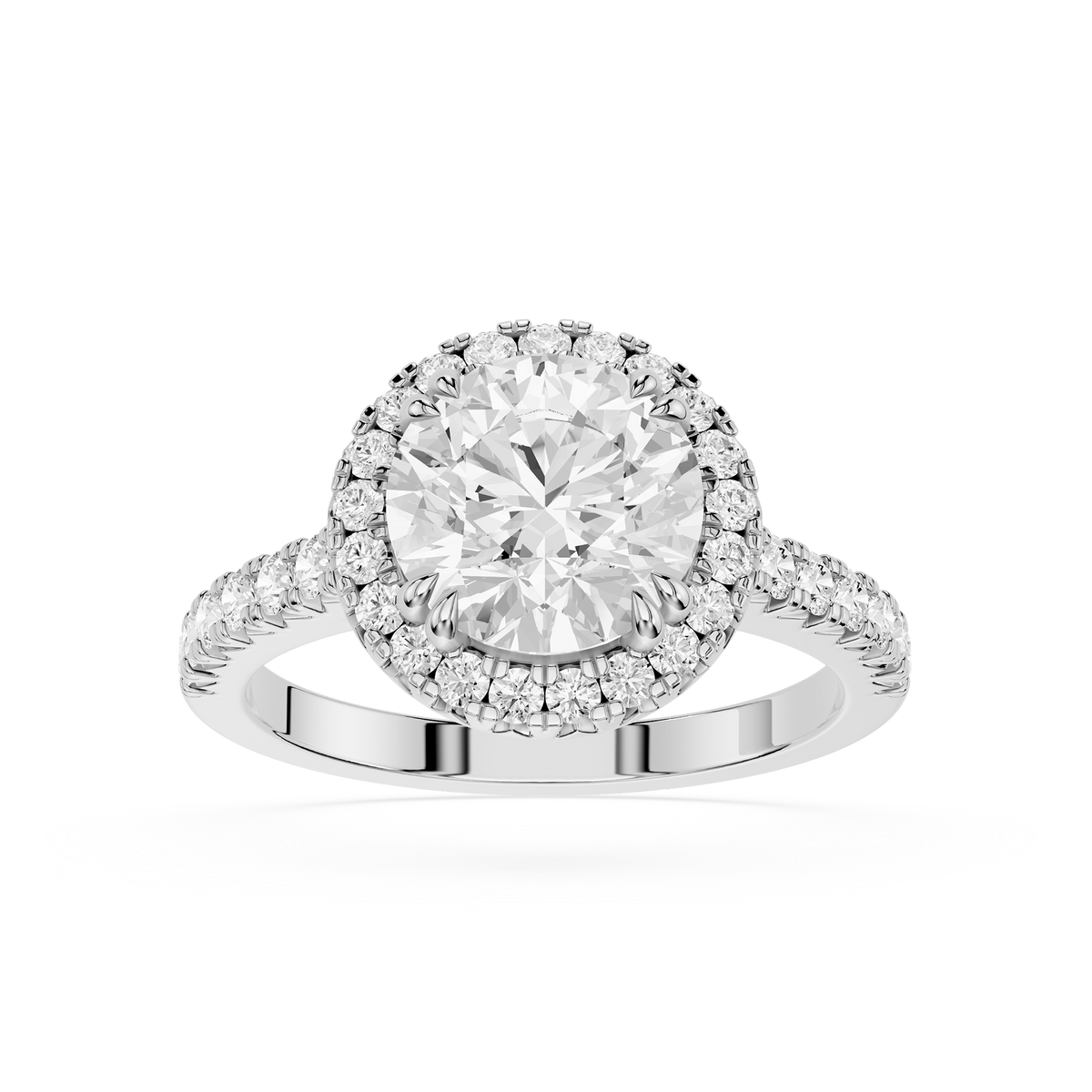 Front view of a white gold round cut lab grown diamond hidden halo engagement ring featuring a round brilliant center stone, concealed halo beneath the center diamond, and a pavé diamond band.