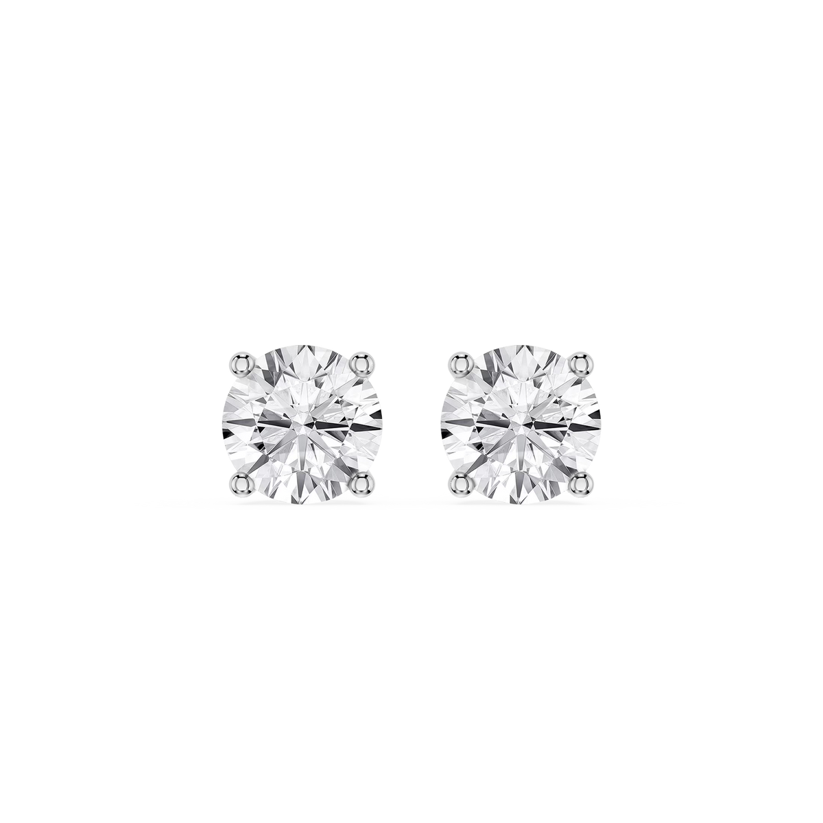 White Gold Round Lab Grown Diamond Stud Earrings featuring 2 carat diamonds secured by four prongs. A classic stud style that pairs easily with any jewelry collection.