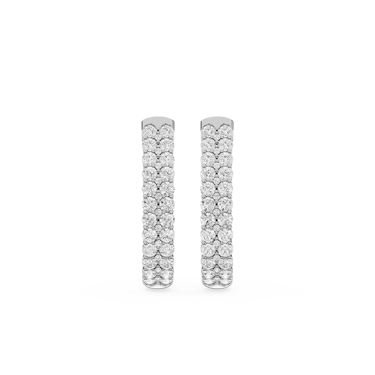 Front facing double row lab grown diamond huggie earrings in white gold with round diamonds arranged in a continuous pattern.